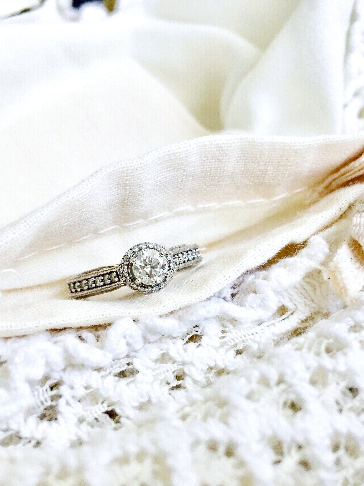 Vintage Diamond Halo Filigree Engagement Ring in 14k White Gold