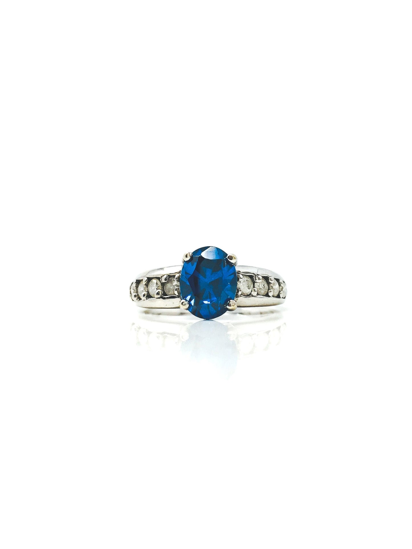 Vintage Blue Topaz Gemstone and Diamond Ring in 14k White Gold