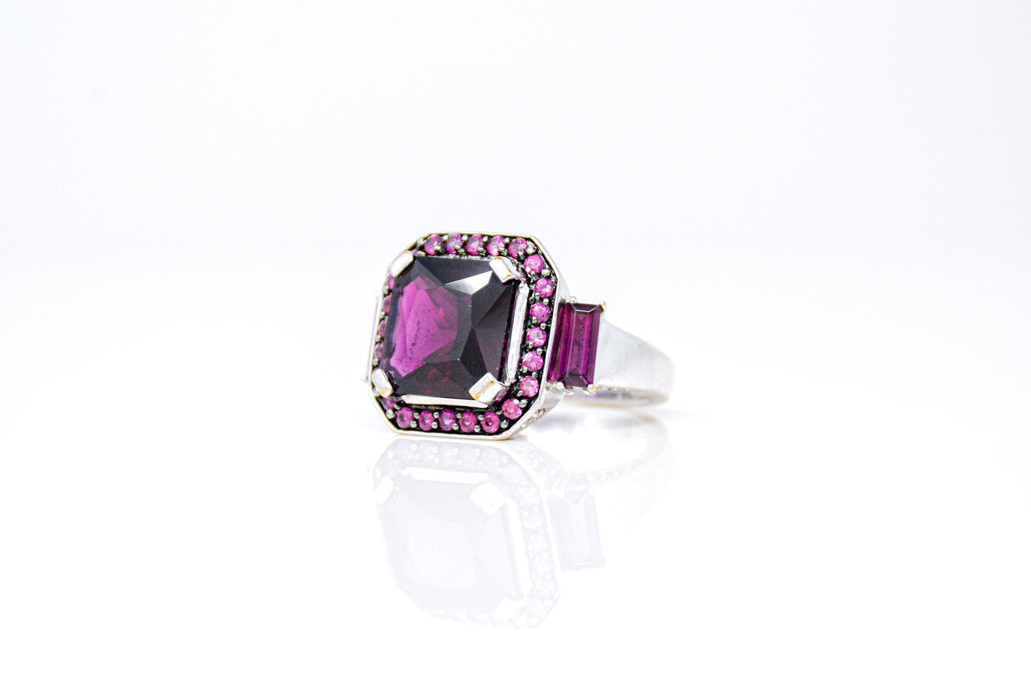 Vintage Rhodolite Garnet Halo Gemstone Ring in 10k White Gold