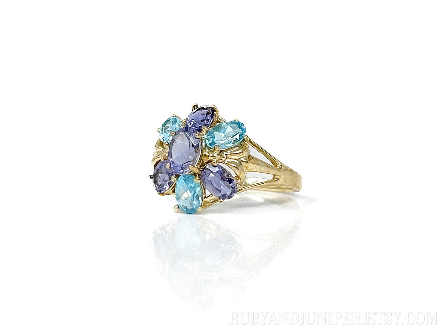 Vintage Amethyst and Apatite Gemstone Cluster Ring in 10k Gold