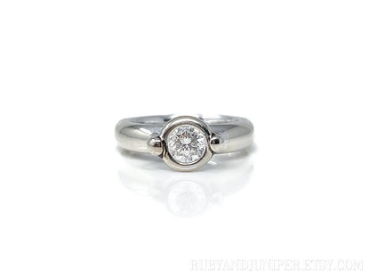 Vintage Diamond Engagement Ring, Round Cut, 14k White Gold, Solitaire Modern Bezel Bridal Ring