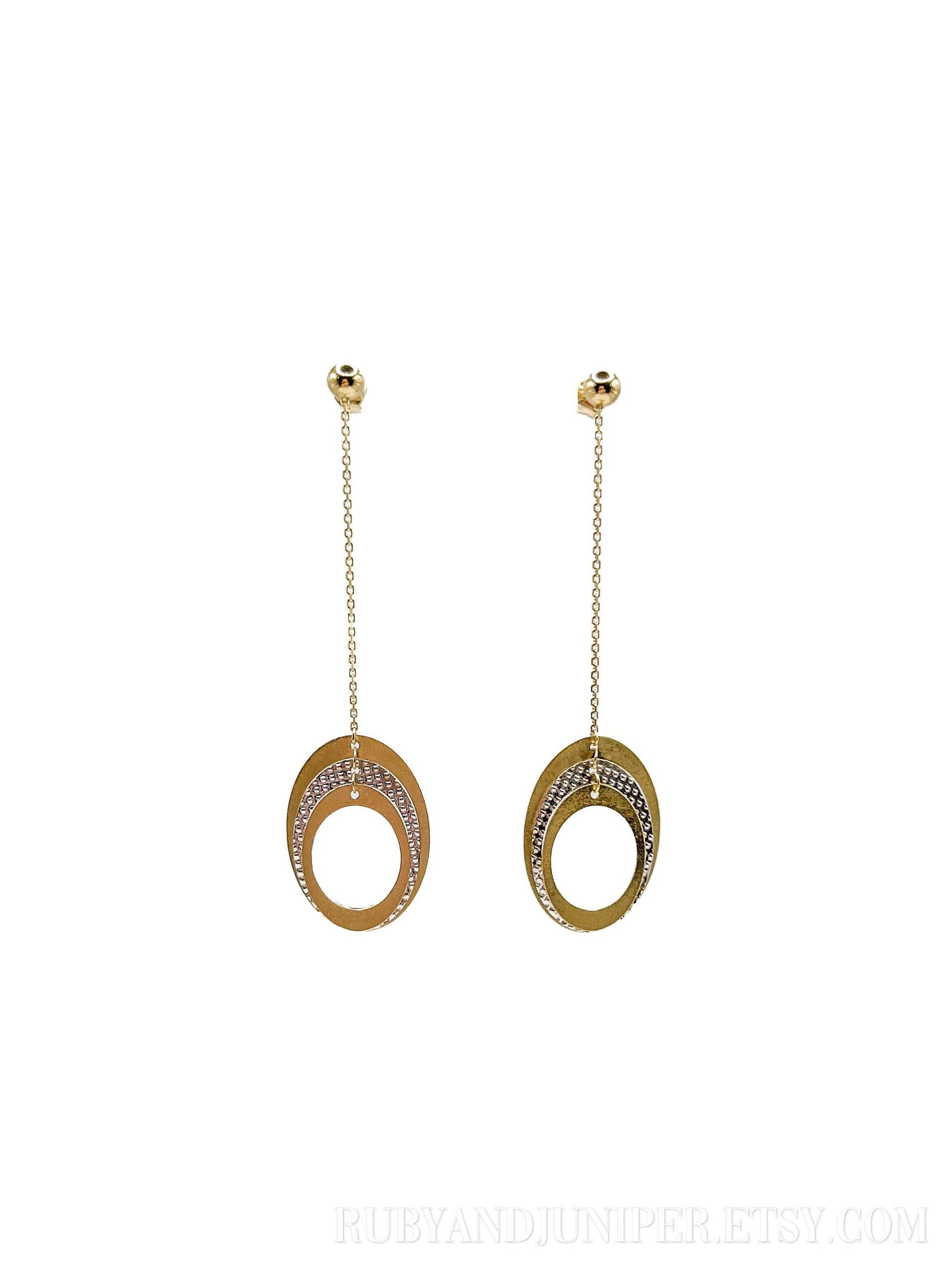 Vintage Geometric Oval Chain Dangle Earrings in 14k Gold