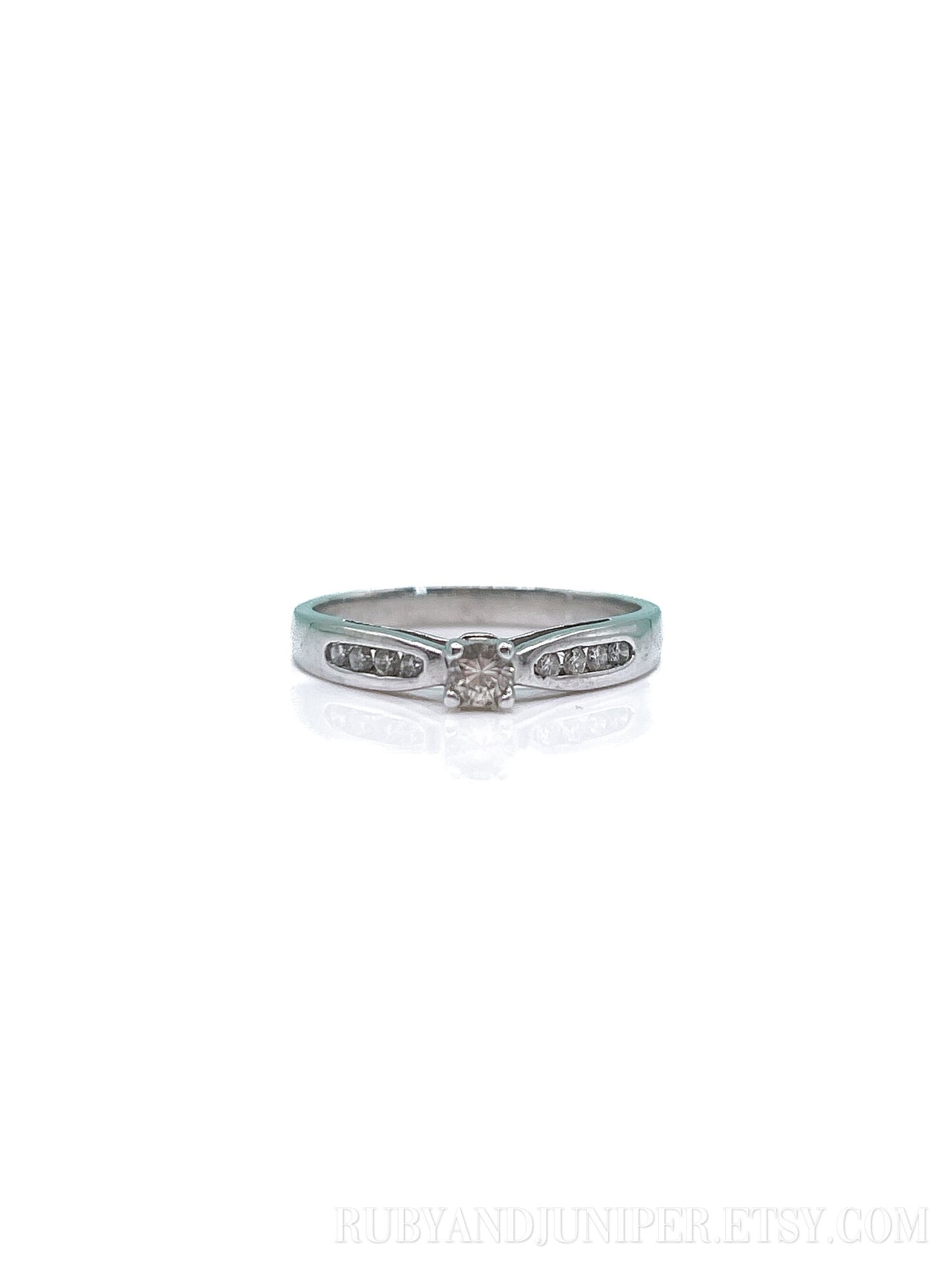 Vintage Diamond Engagement Ring, Round Cut, 10k White Gold, 1990s Channel Set Cathedral