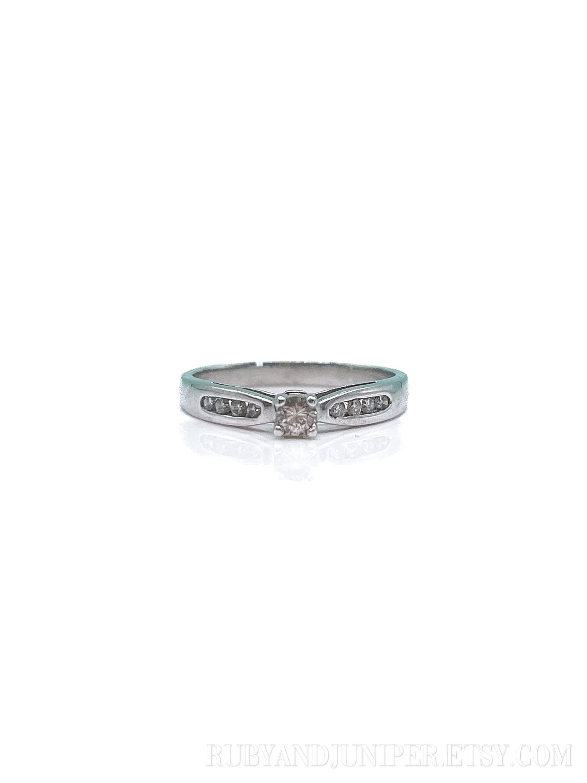 Vintage Diamond Engagement Ring, Round Cut, 10k White Gold, 1990s Channel Set Cathedral