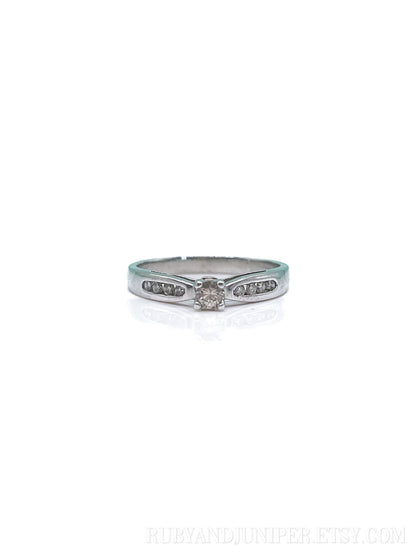 Vintage Diamond Engagement Ring, Round Cut, 10k White Gold, 1990s Channel Set Cathedral