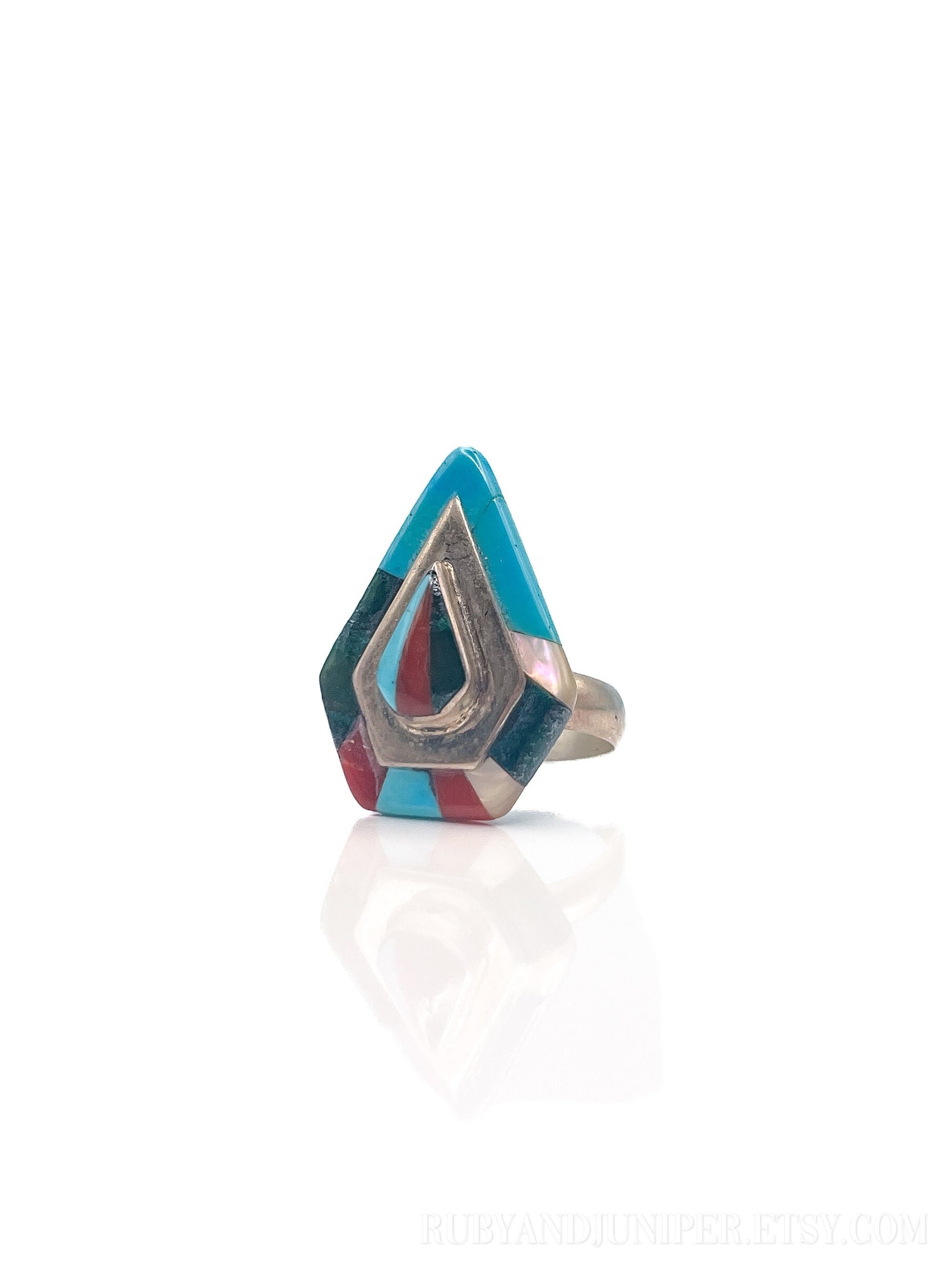 Vintage Inlaid Gemstone Ring in Sterling Silver