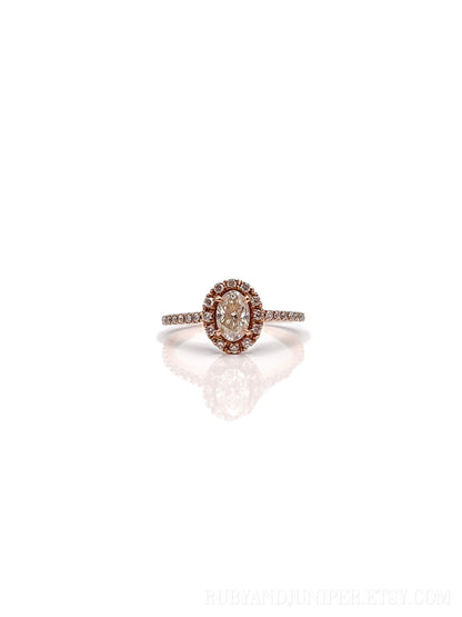 Vintage Diamond Engagement Ring, Oval Cut, 14k Rose Gold, 2000s Halo Bridal Ring