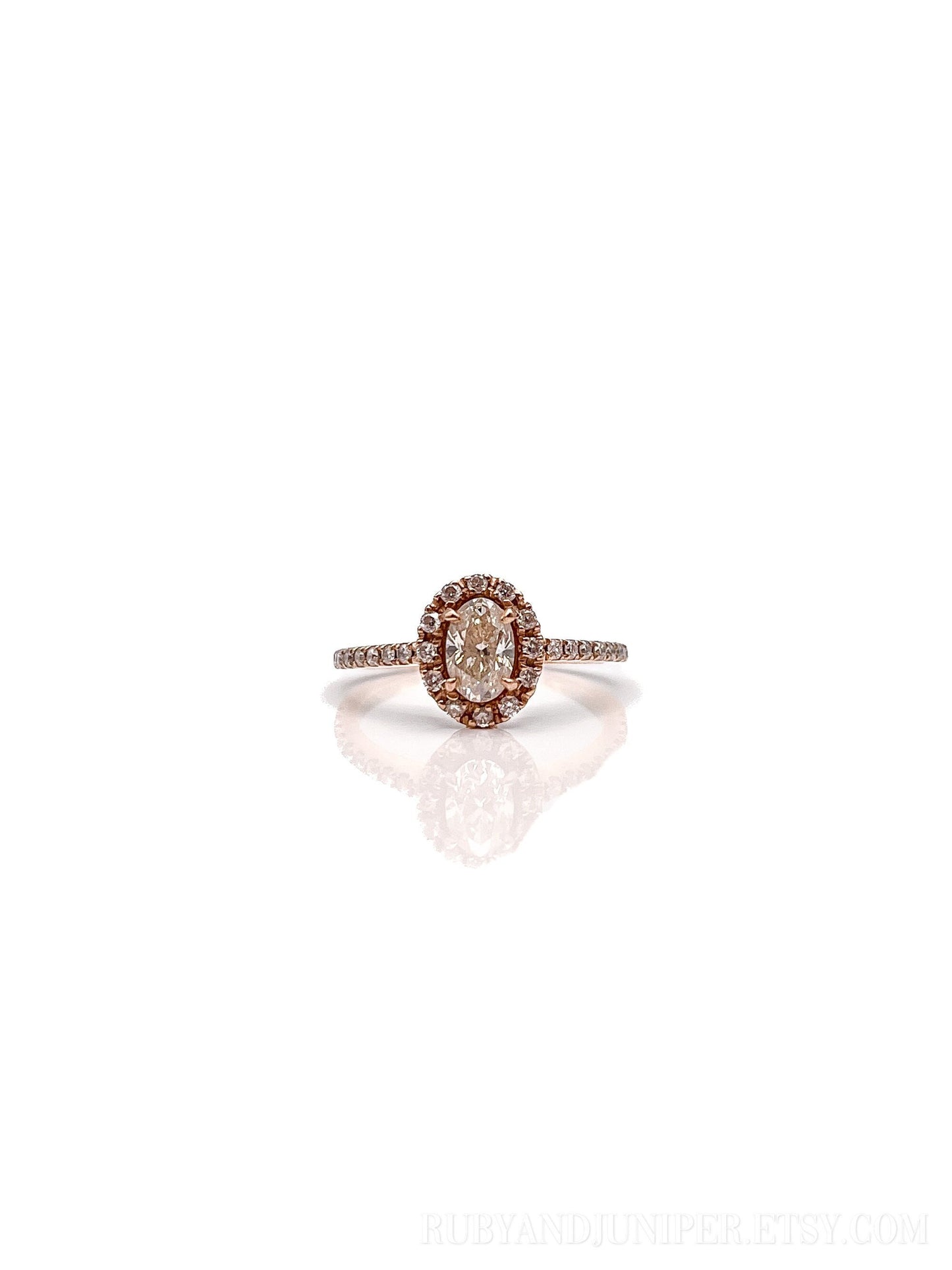 Vintage Diamond Engagement Ring, Oval Cut, 14k Rose Gold, 2000s Halo Bridal Ring