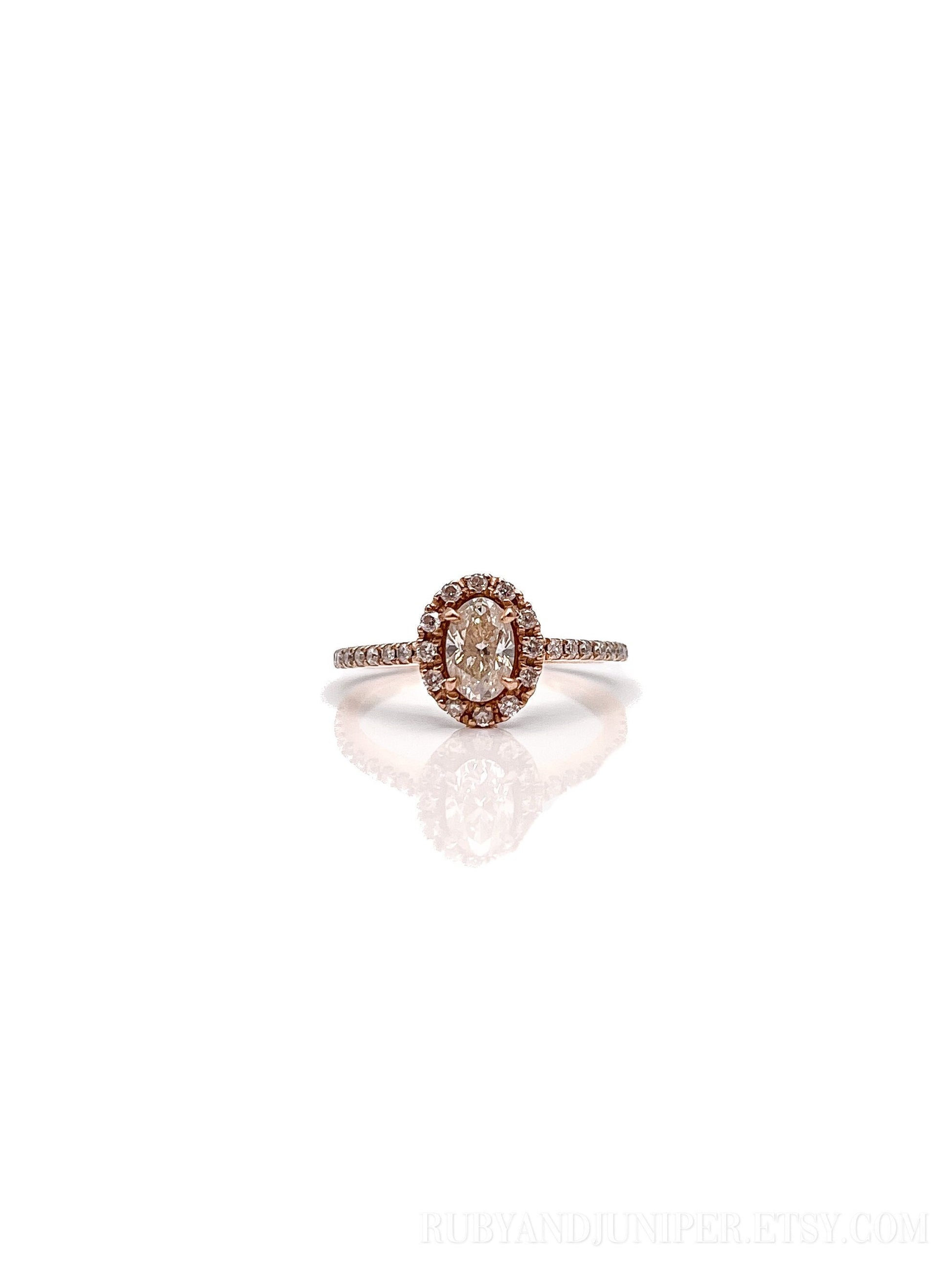 Vintage Diamond Engagement Ring, Oval Cut, 14k Rose Gold, 2000s Halo Bridal Ring