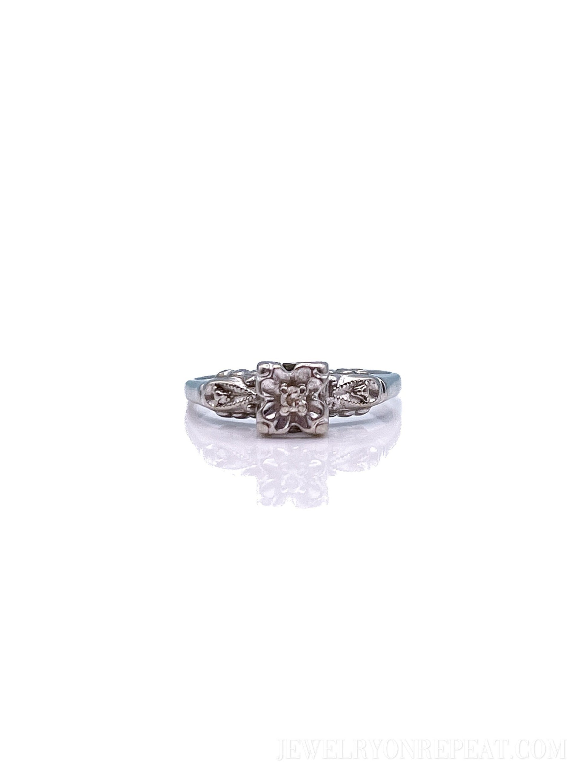 Vintage Diamond Engagement Ring, Round Cut, 14k White Gold, 1940s Art Deco Bridal Ring
