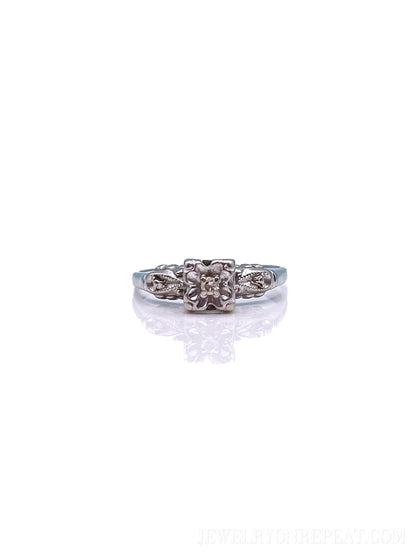 Vintage Diamond Engagement Ring, Round Cut, 14k White Gold, 1940s Art Deco Bridal Ring