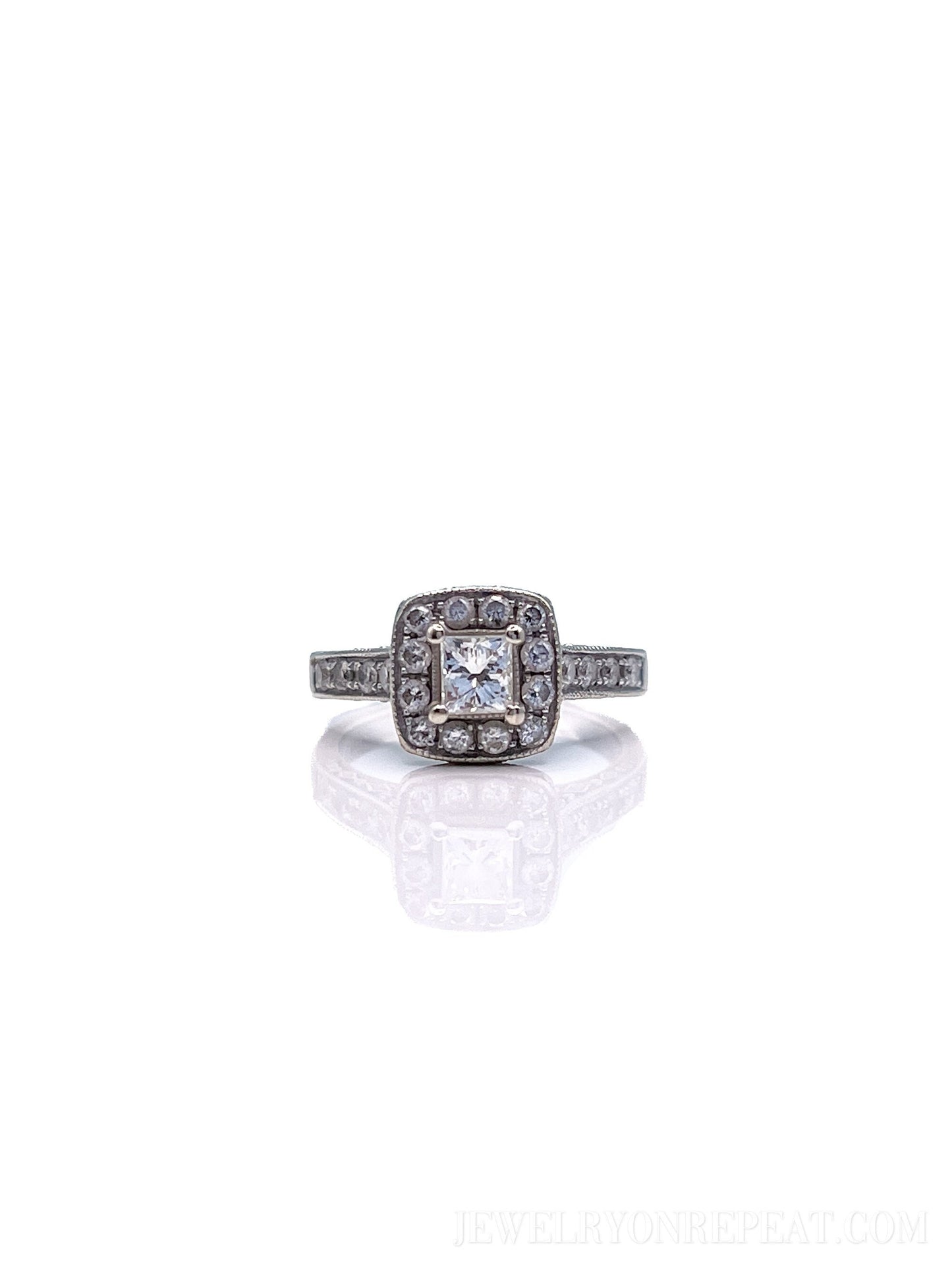 Vintage Diamond Engagement Ring, Princess Cut, 14k White Gold, 1990s Halo Bridal Ring