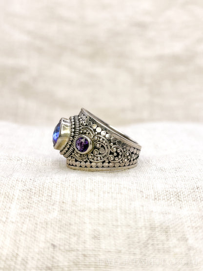 Vintage Sterling Silver Mystic Topaz Dome Ring, Boho Amethyst Statement Jewelry