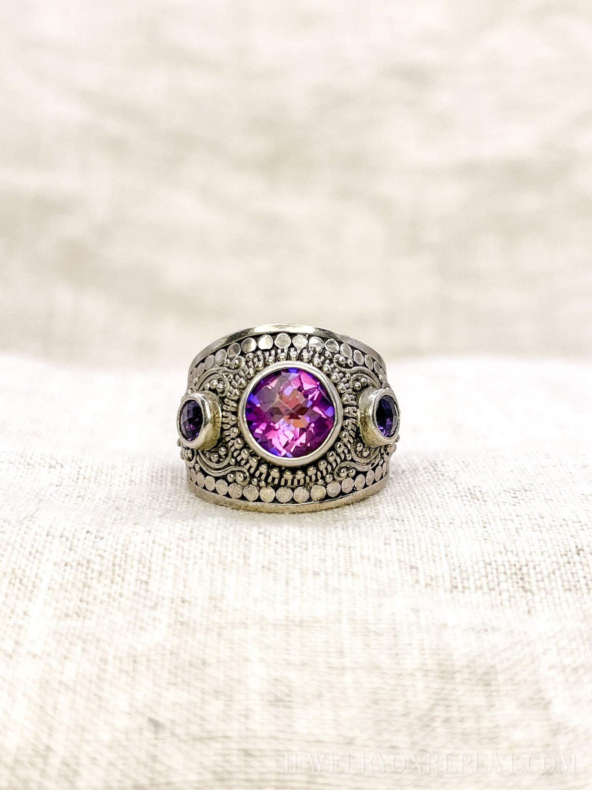 Vintage Sterling Silver Mystic Topaz Dome Ring, Boho Amethyst Statement Jewelry