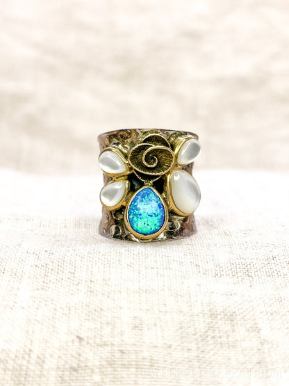 Vintage Opal Ring Sterling Silver, Wide Boho Swirl Gemstone Band, Everyday Ring