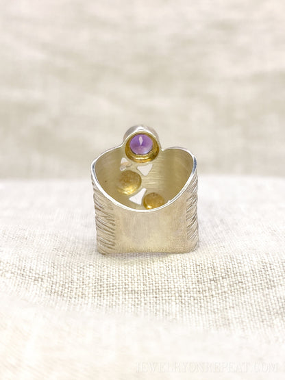 Vintage Multi-Gem Ring Sterling Silver, Modern Cluster Wide Band, Bold Everyday Ring