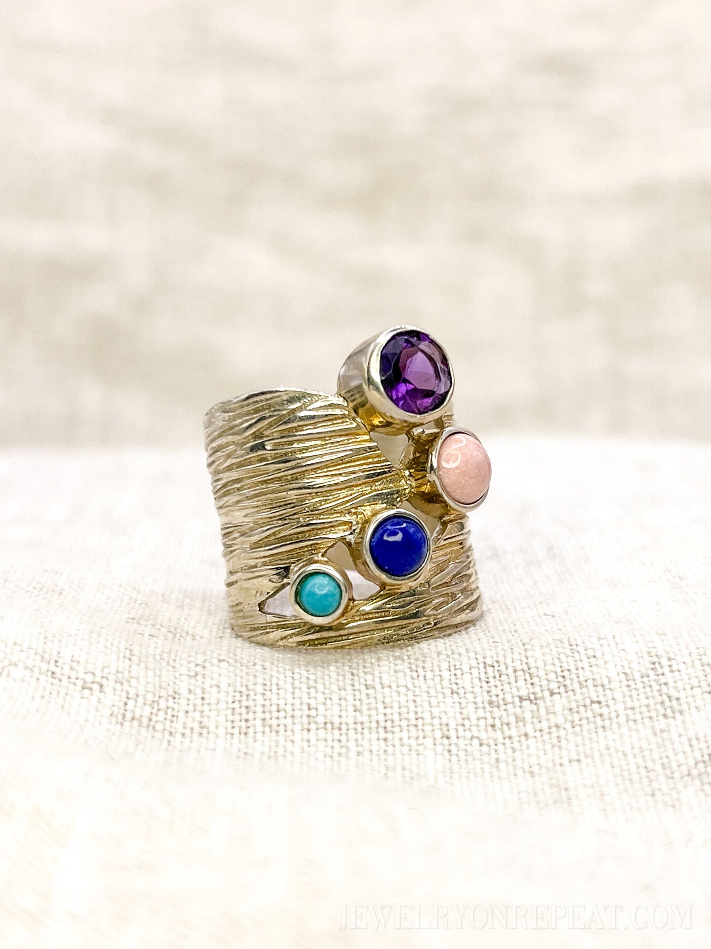 Vintage Multi-Gem Ring Sterling Silver, Modern Cluster Wide Band, Bold Everyday Ring