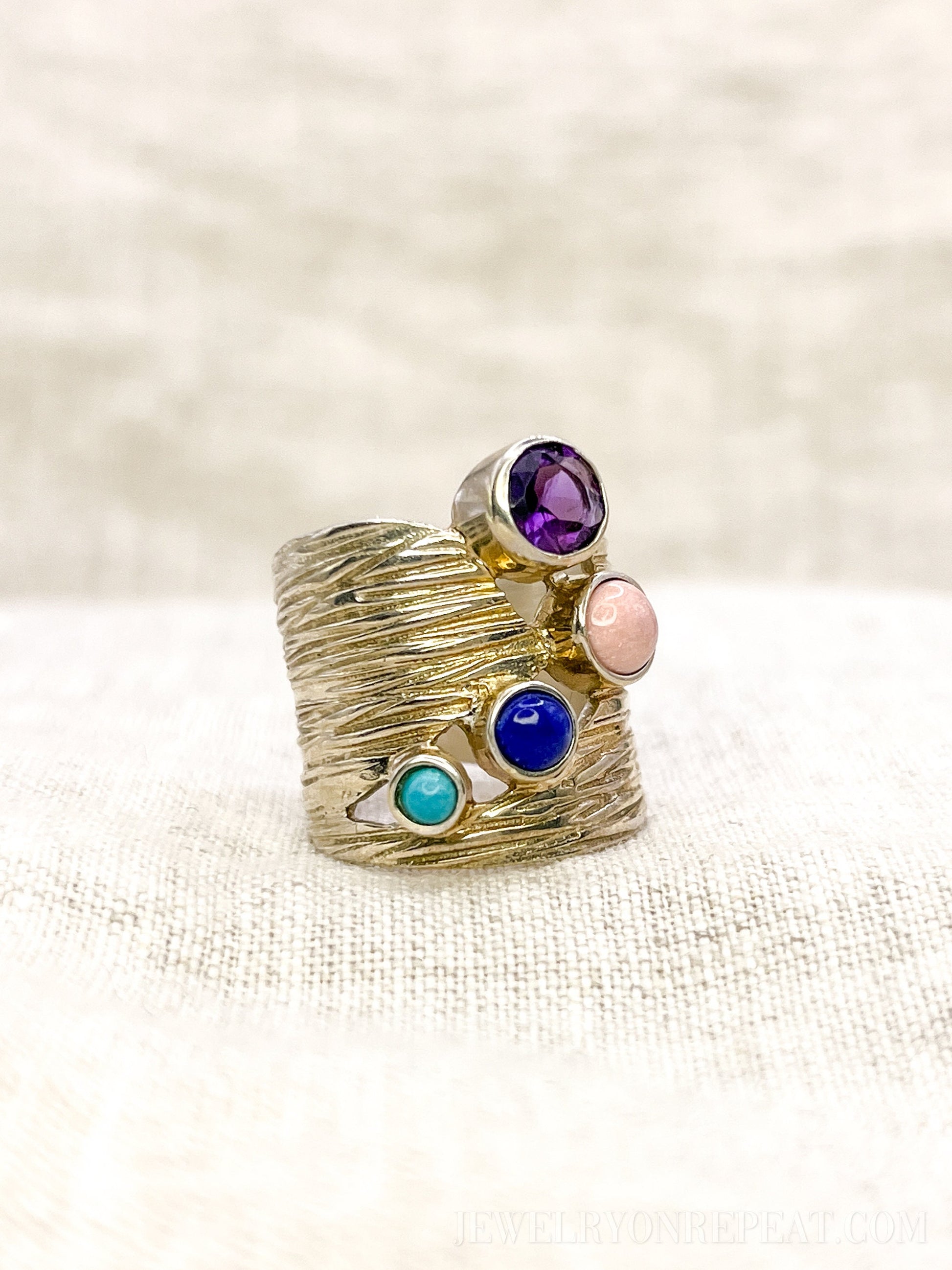 Vintage Multi-Gem Ring Sterling Silver, Modern Cluster Wide Band, Bold Everyday Ring