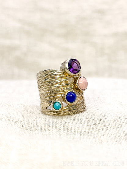 Vintage Multi-Gem Ring Sterling Silver, Modern Cluster Wide Band, Bold Everyday Ring