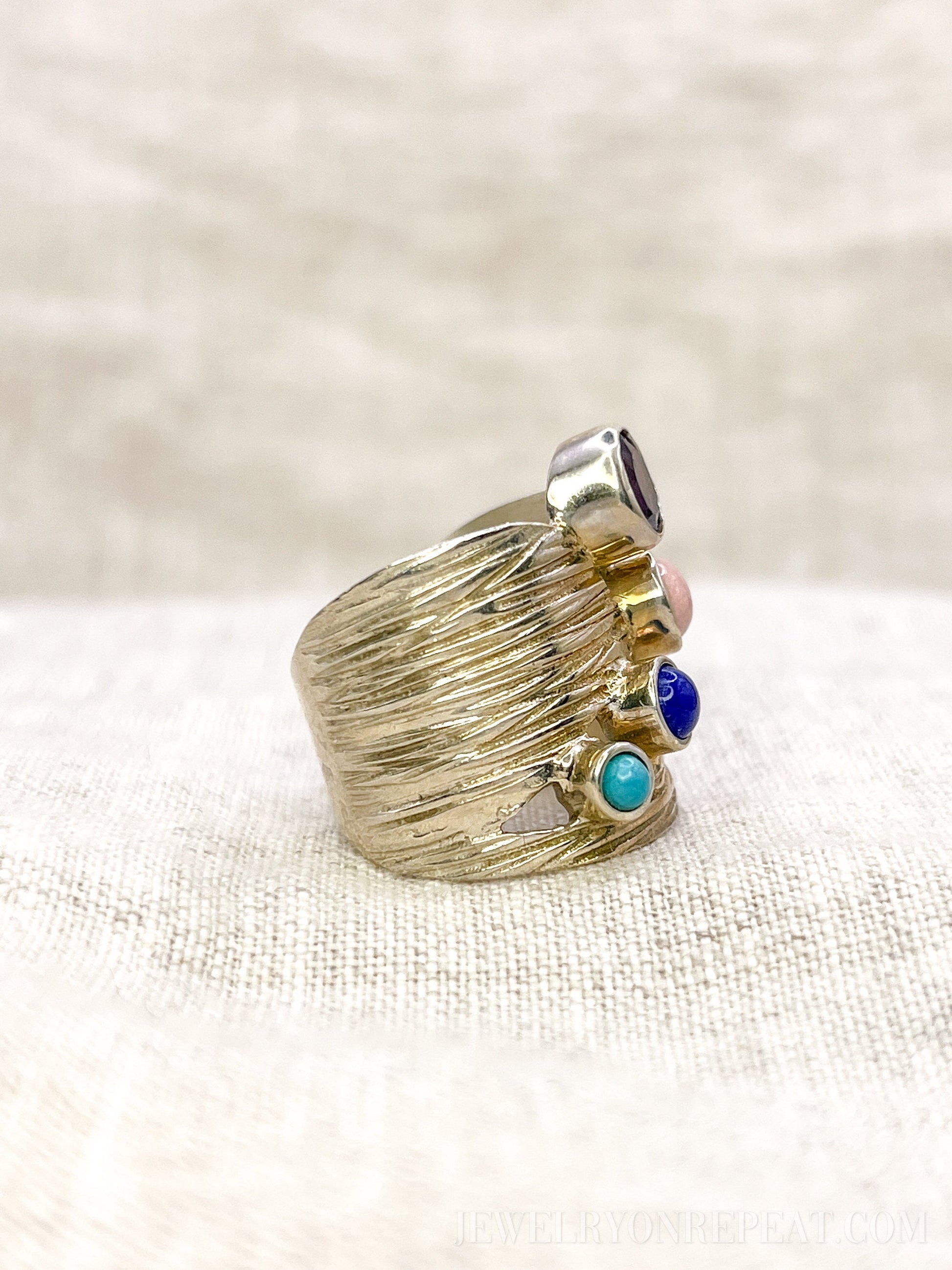 Vintage Multi-Gem Ring Sterling Silver, Modern Cluster Wide Band, Bold Everyday Ring