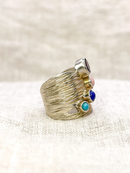 Vintage Multi-Gem Ring Sterling Silver, Modern Cluster Wide Band, Bold Everyday Ring