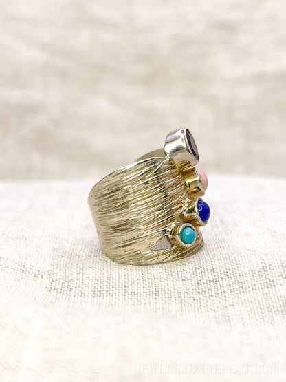 Vintage Multi-Gem Ring Sterling Silver, Modern Cluster Wide Band, Bold Everyday Ring