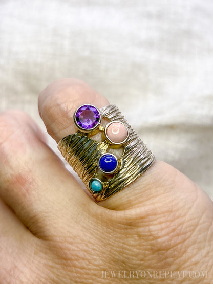 Vintage Multi-Gem Ring Sterling Silver, Modern Cluster Wide Band, Bold Everyday Ring
