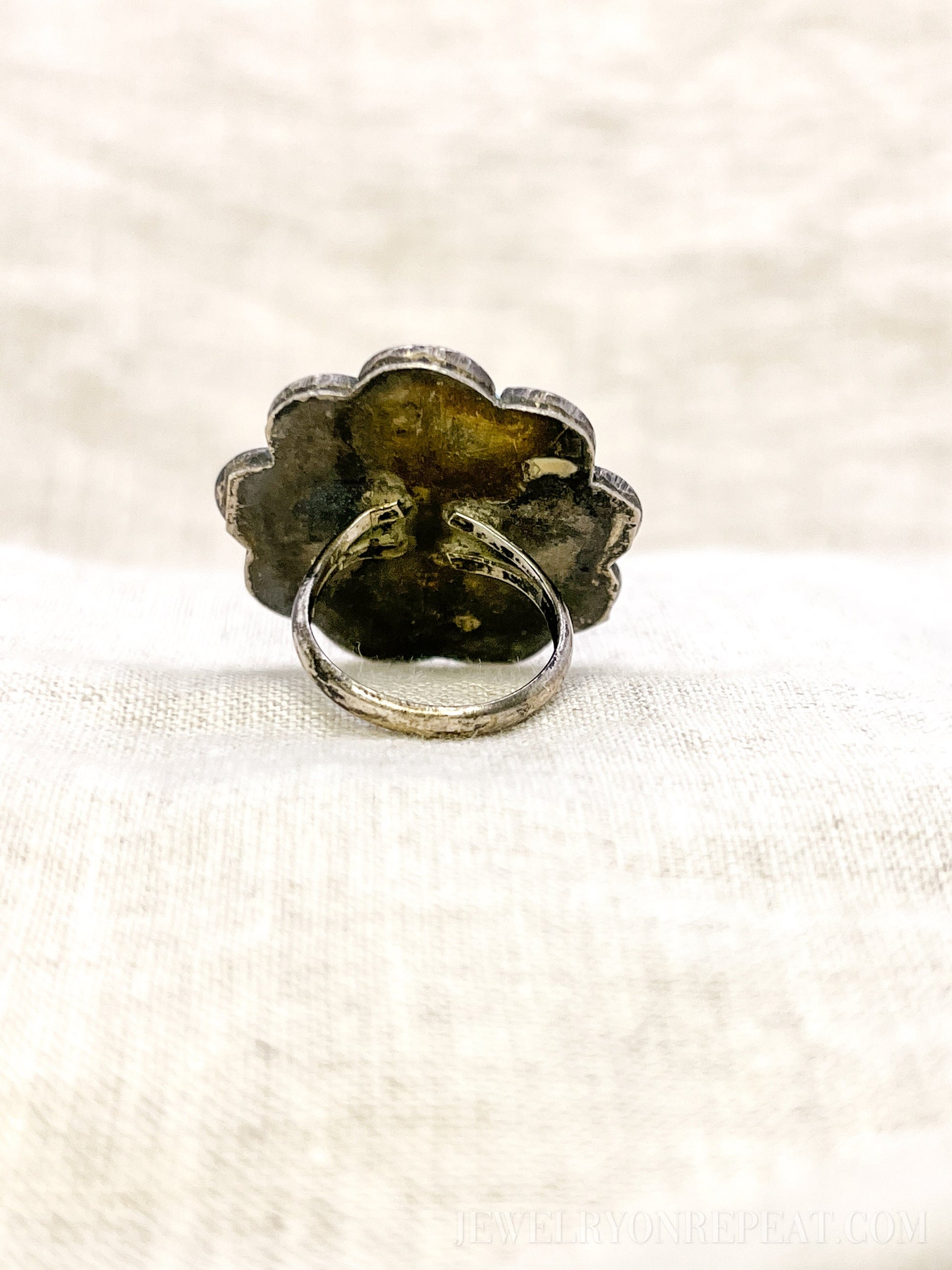 Vintage Turquoise Statement Ring, Sterling Silver Boho Jewelry, Scalloped Artisan Ring