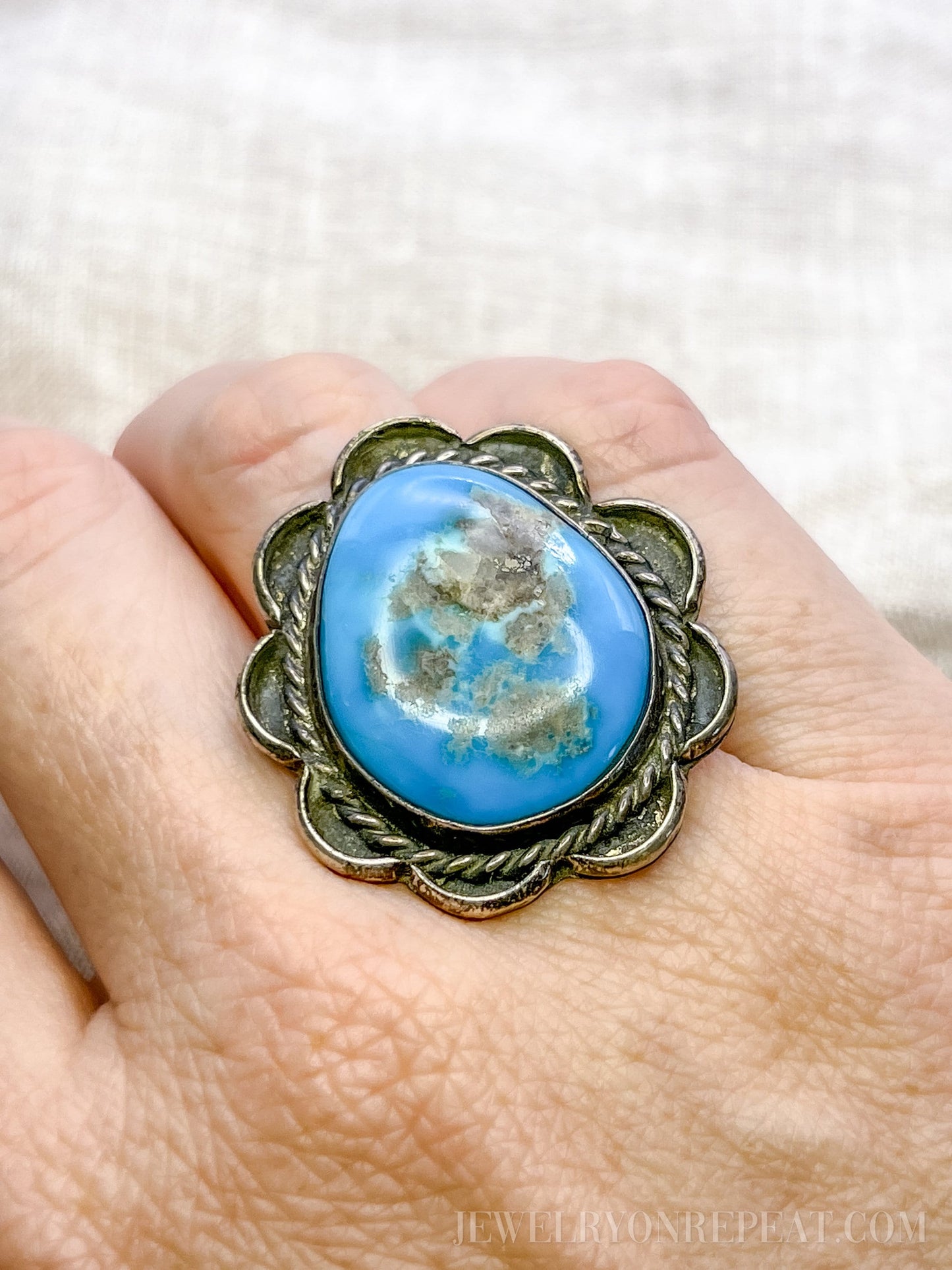 Vintage Turquoise Statement Ring, Sterling Silver Boho Jewelry, Scalloped Artisan Ring