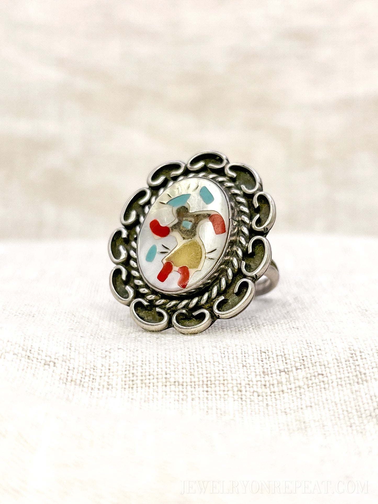 Vintage Sterling Silver Dancer Ring, Mother of Pearl Coral Inlay, Boho Statement Jewelry