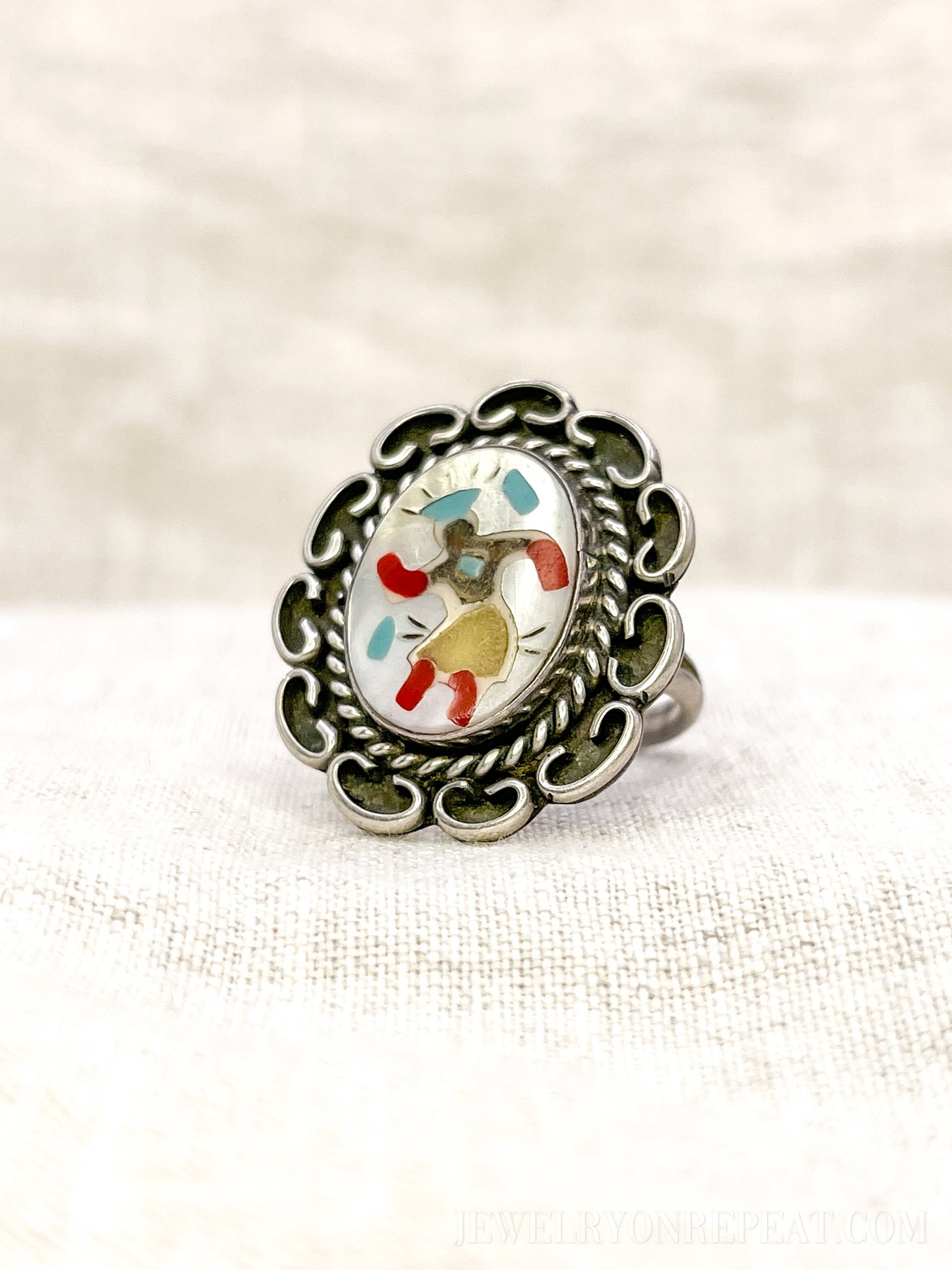 Vintage Sterling Silver Dancer Ring, Mother of Pearl Coral Inlay, Boho Statement Jewelry