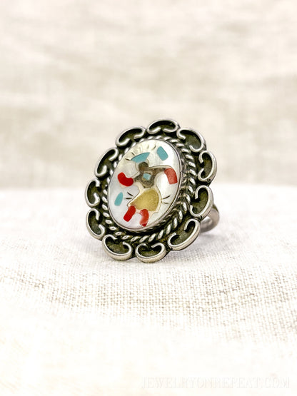 Vintage Sterling Silver Dancer Ring, Mother of Pearl Coral Inlay, Boho Statement Jewelry
