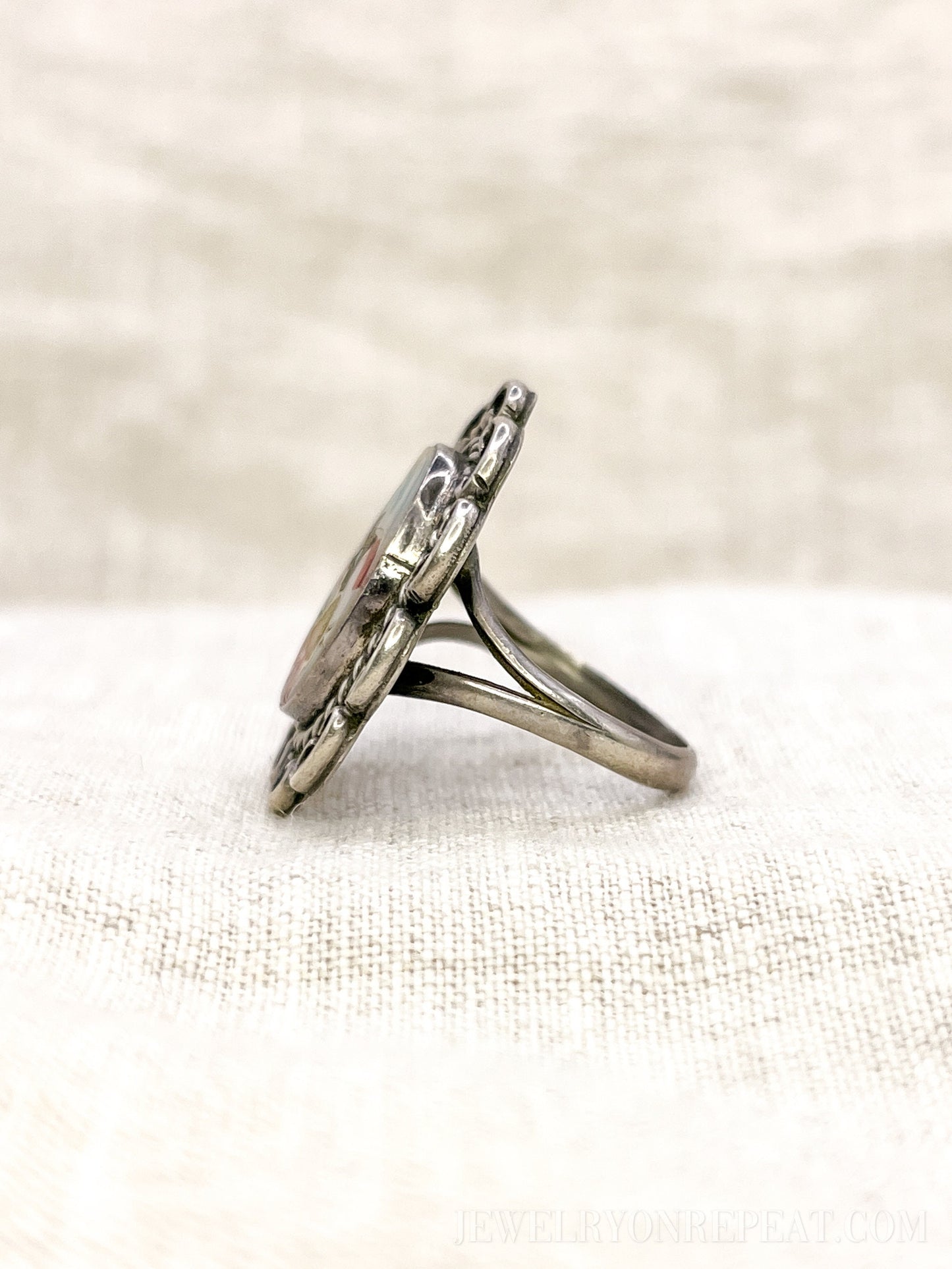 Vintage Sterling Silver Dancer Ring, Mother of Pearl Coral Inlay, Boho Statement Jewelry
