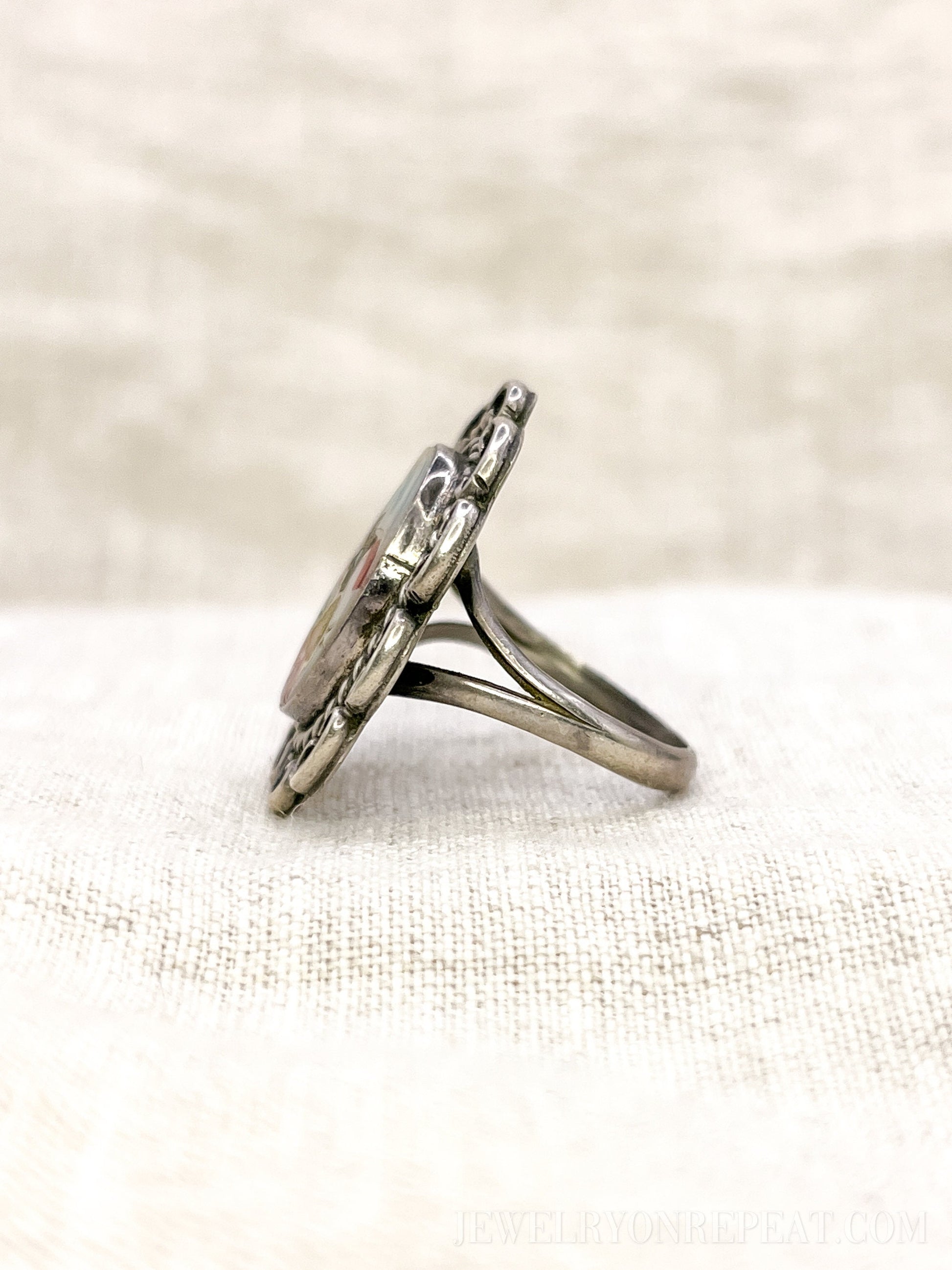Vintage Sterling Silver Dancer Ring, Mother of Pearl Coral Inlay, Boho Statement Jewelry