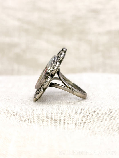 Vintage Sterling Silver Dancer Ring, Mother of Pearl Coral Inlay, Boho Statement Jewelry