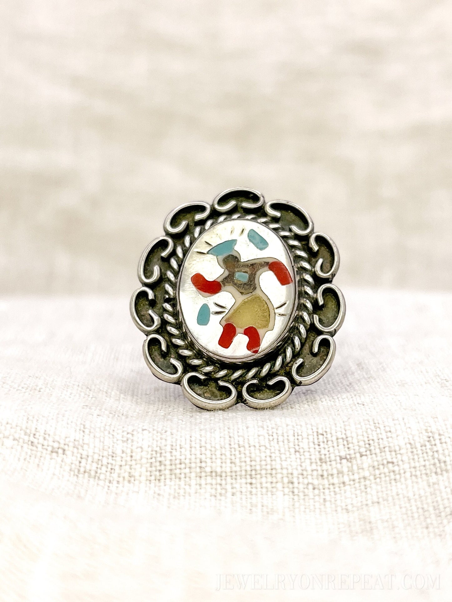 Vintage Sterling Silver Dancer Ring, Mother of Pearl Coral Inlay, Boho Statement Jewelry