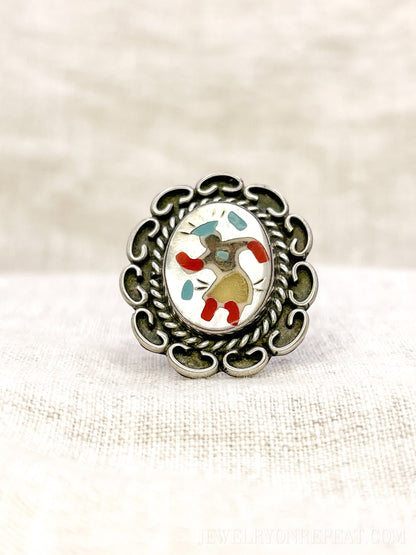 Vintage Sterling Silver Dancer Ring, Mother of Pearl Coral Inlay, Boho Statement Jewelry