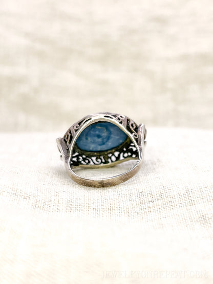 Vintage Sterling Silver Blue Aventurine Filigree Ring, Boho Statement Jewelry