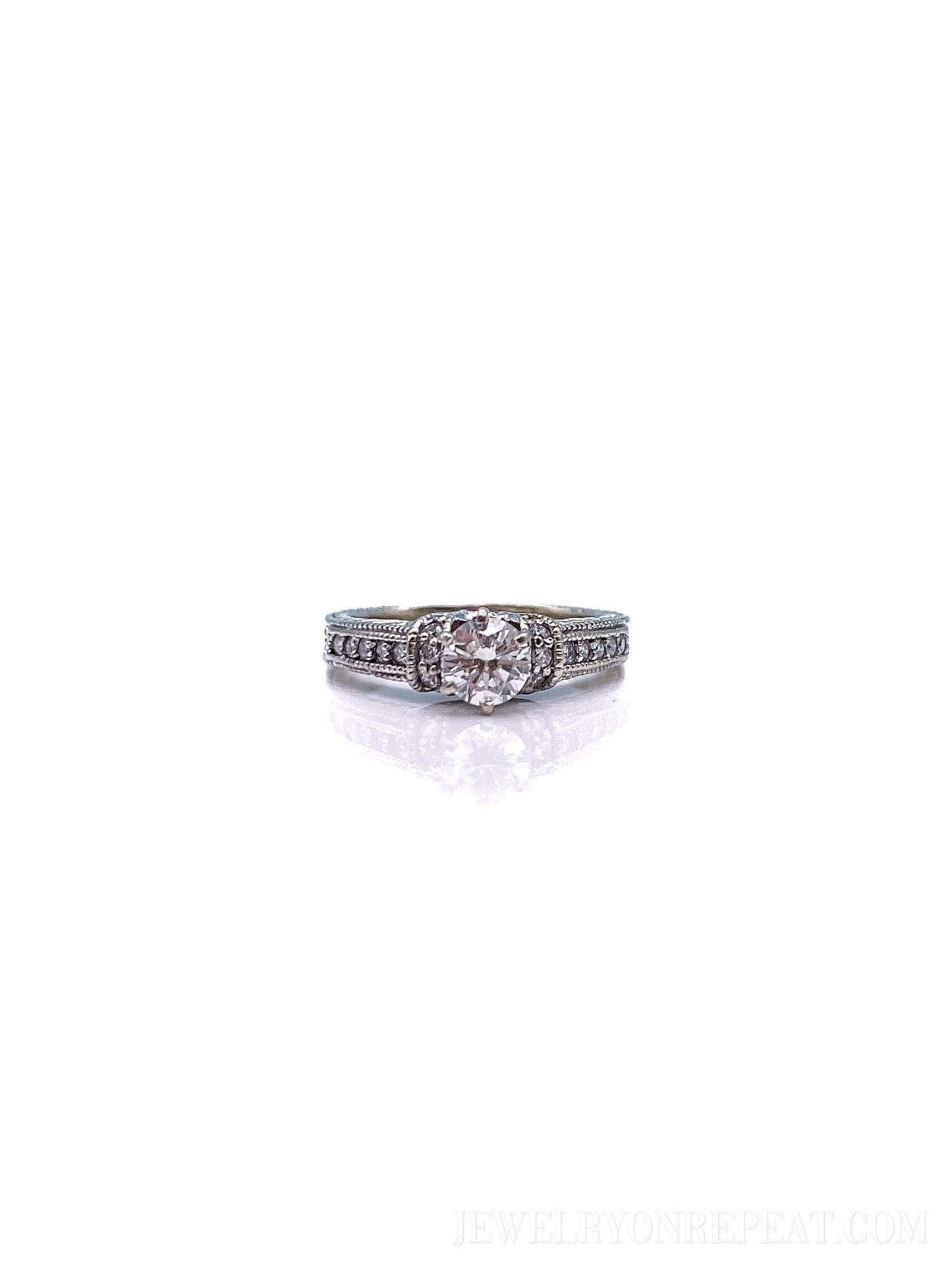 Vintage Diamond Engagement Ring, Round Cut, 18k White Gold, 2000s Ornate Filigree Cathedral