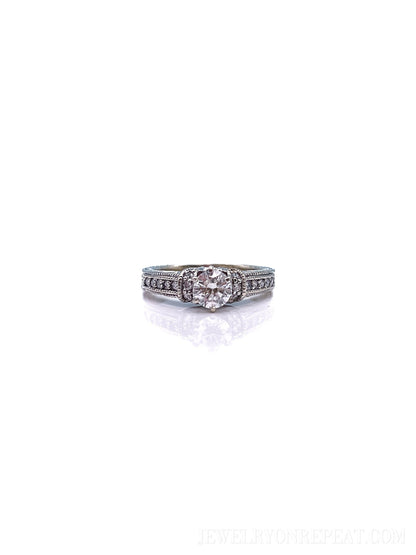 Vintage Diamond Engagement Ring, Round Cut, 18k White Gold, 2000s Ornate Filigree Cathedral