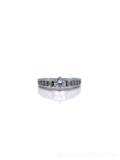 Vintage Diamond Engagement Ring, Round Cut, 14k White Gold, 1990s Channel Set Cathedral