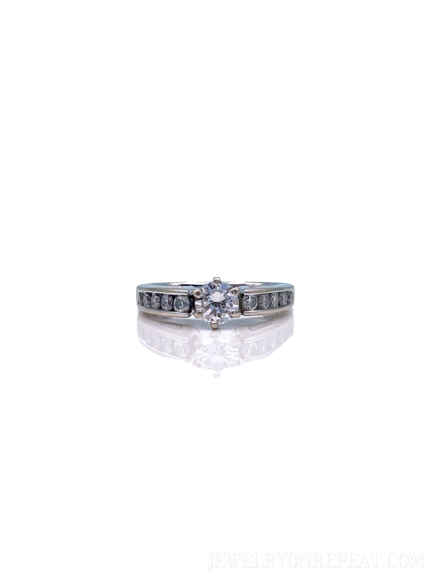 Vintage Diamond Engagement Ring, Round Cut, 14k White Gold, 1990s Channel Set Cathedral