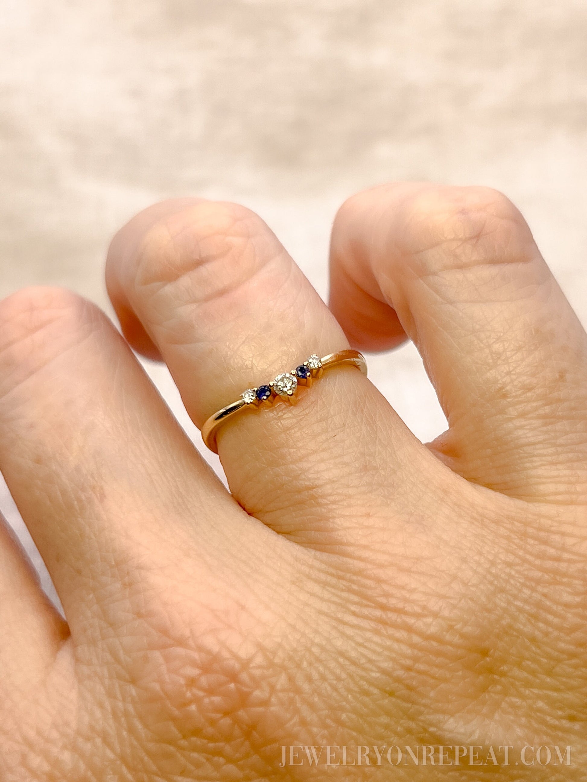 Vintage 1990s Diamond & Sapphire Ring, 14k Gold Curved Chevron Wedding Band • One-of-a-kind Jewelry