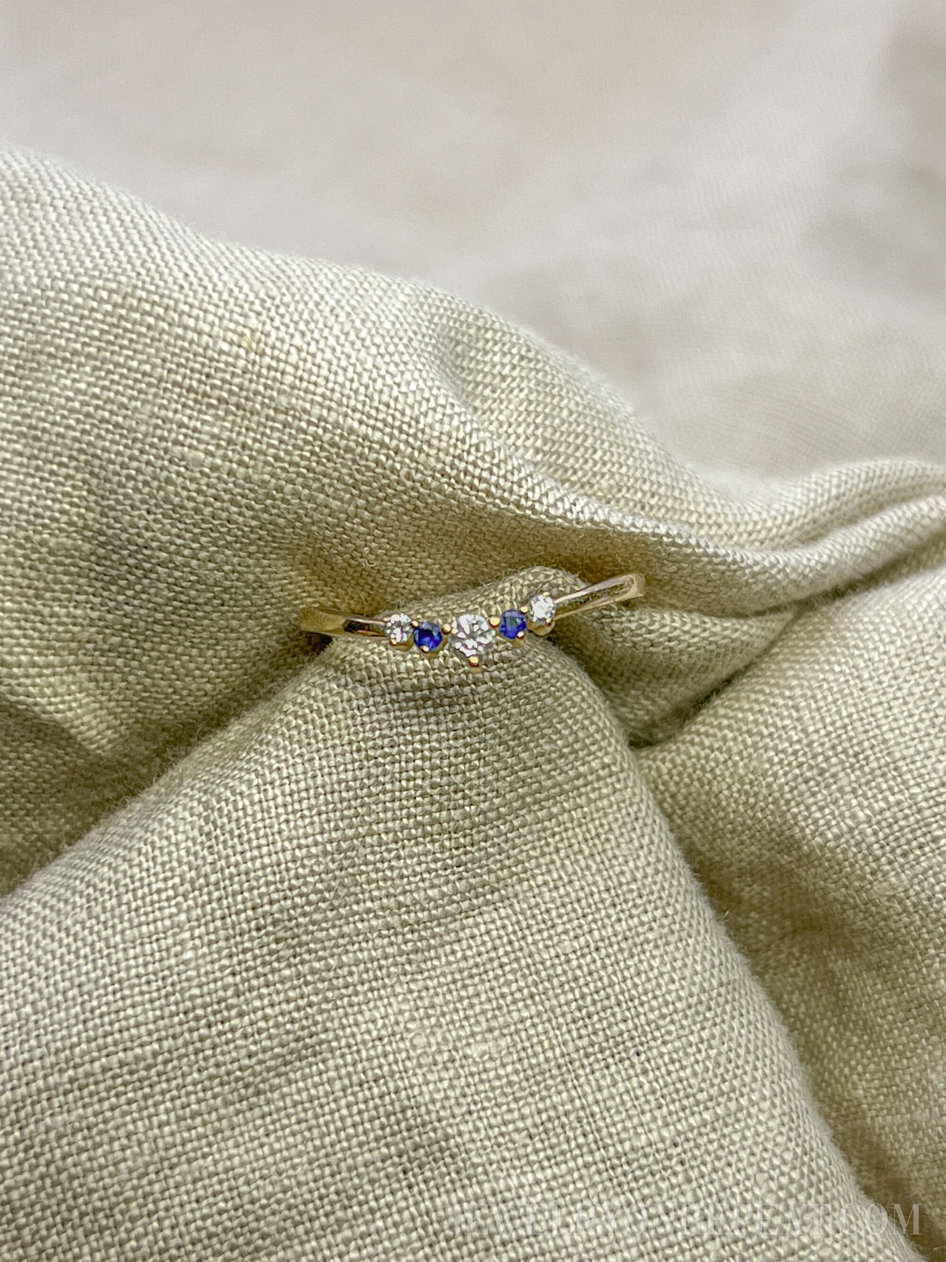 Vintage 1990s Diamond & Sapphire Ring, 14k Gold Curved Chevron Wedding Band • One-of-a-kind Jewelry