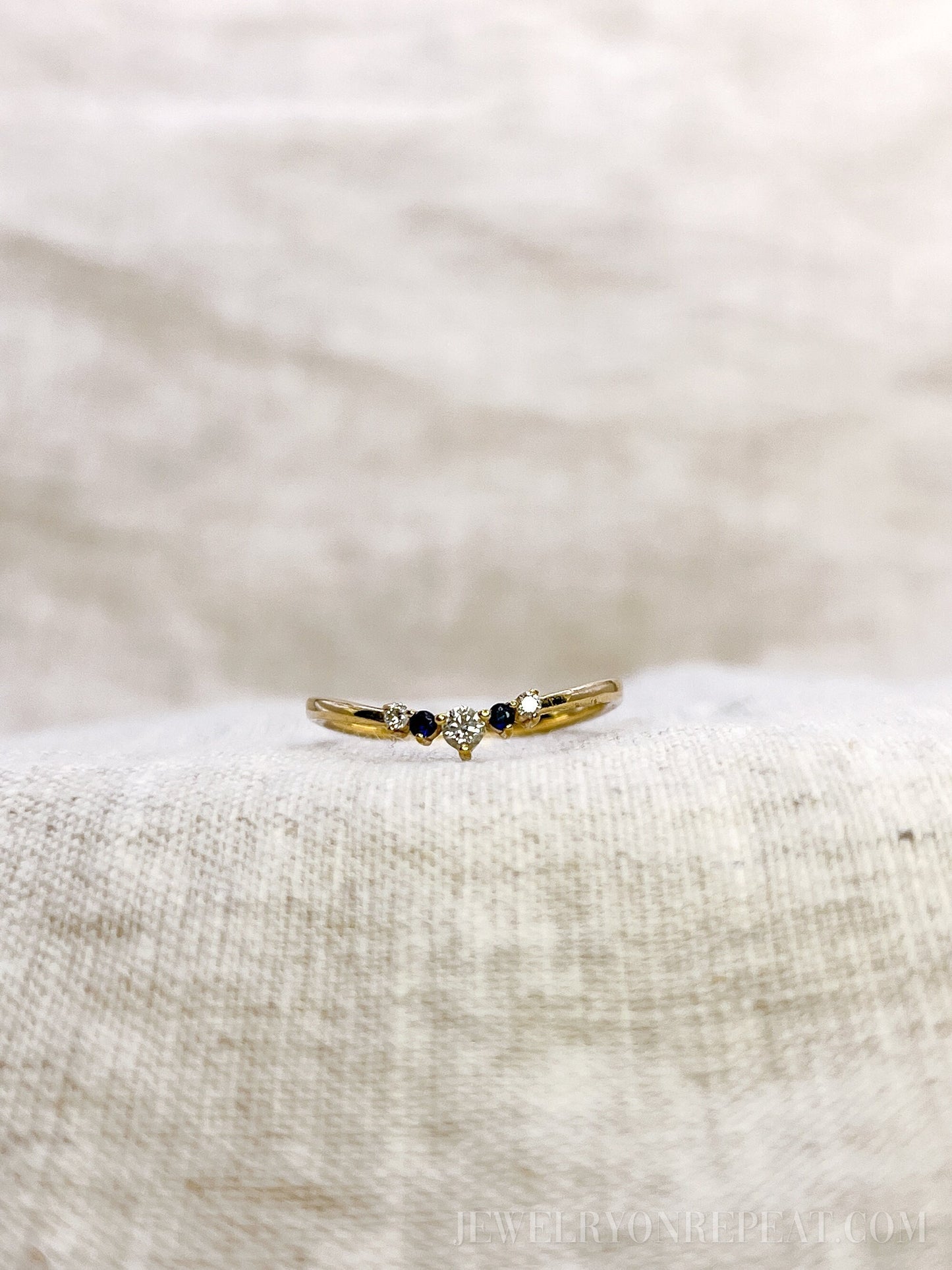 Vintage 1990s Diamond & Sapphire Ring, 14k Gold Curved Chevron Wedding Band • One-of-a-kind Jewelry