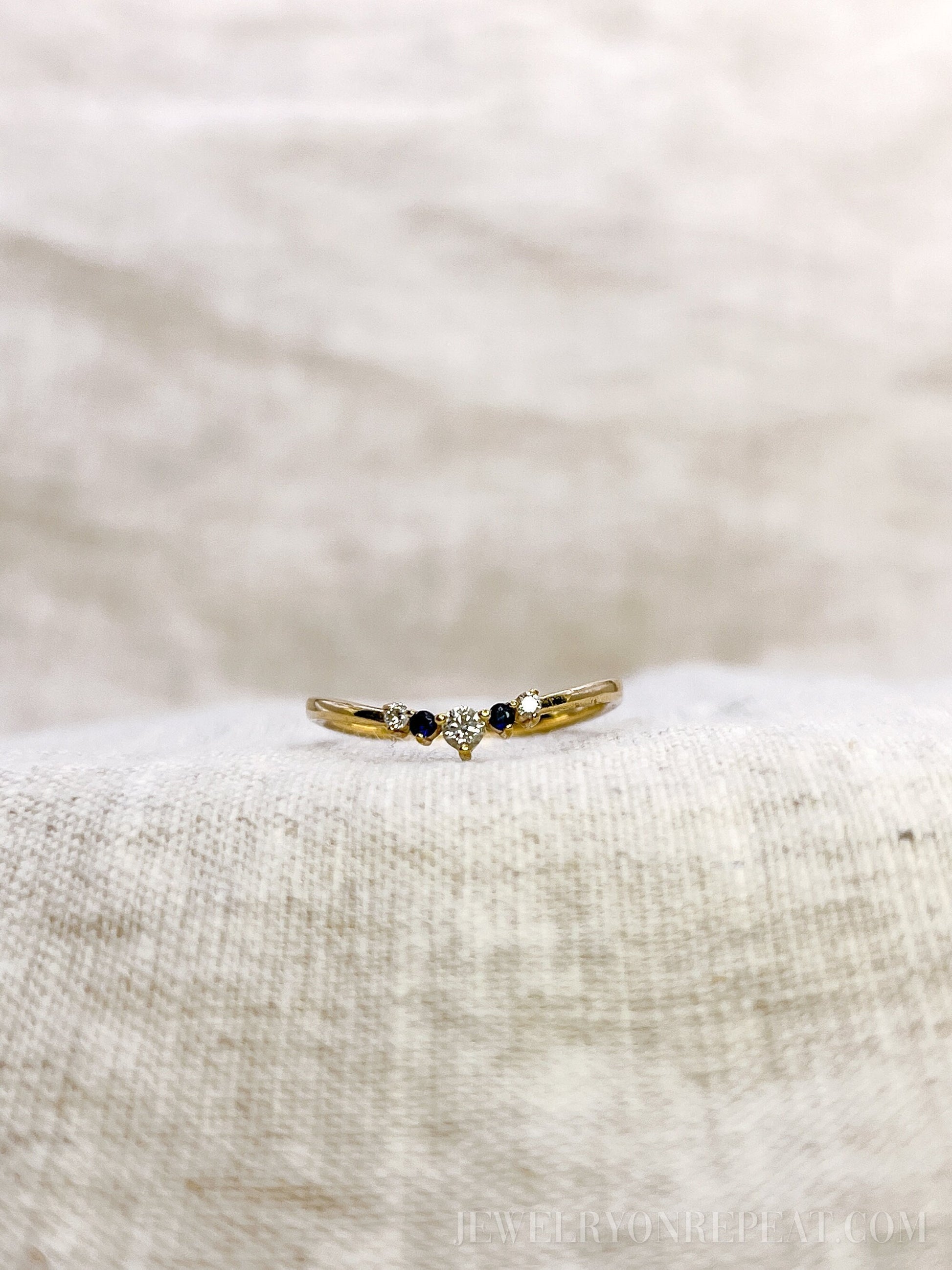 Vintage 1990s Diamond & Sapphire Ring, 14k Gold Curved Chevron Wedding Band • One-of-a-kind Jewelry