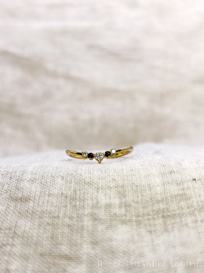Vintage 1990s Diamond & Sapphire Ring, 14k Gold Curved Chevron Wedding Band • One-of-a-kind Jewelry