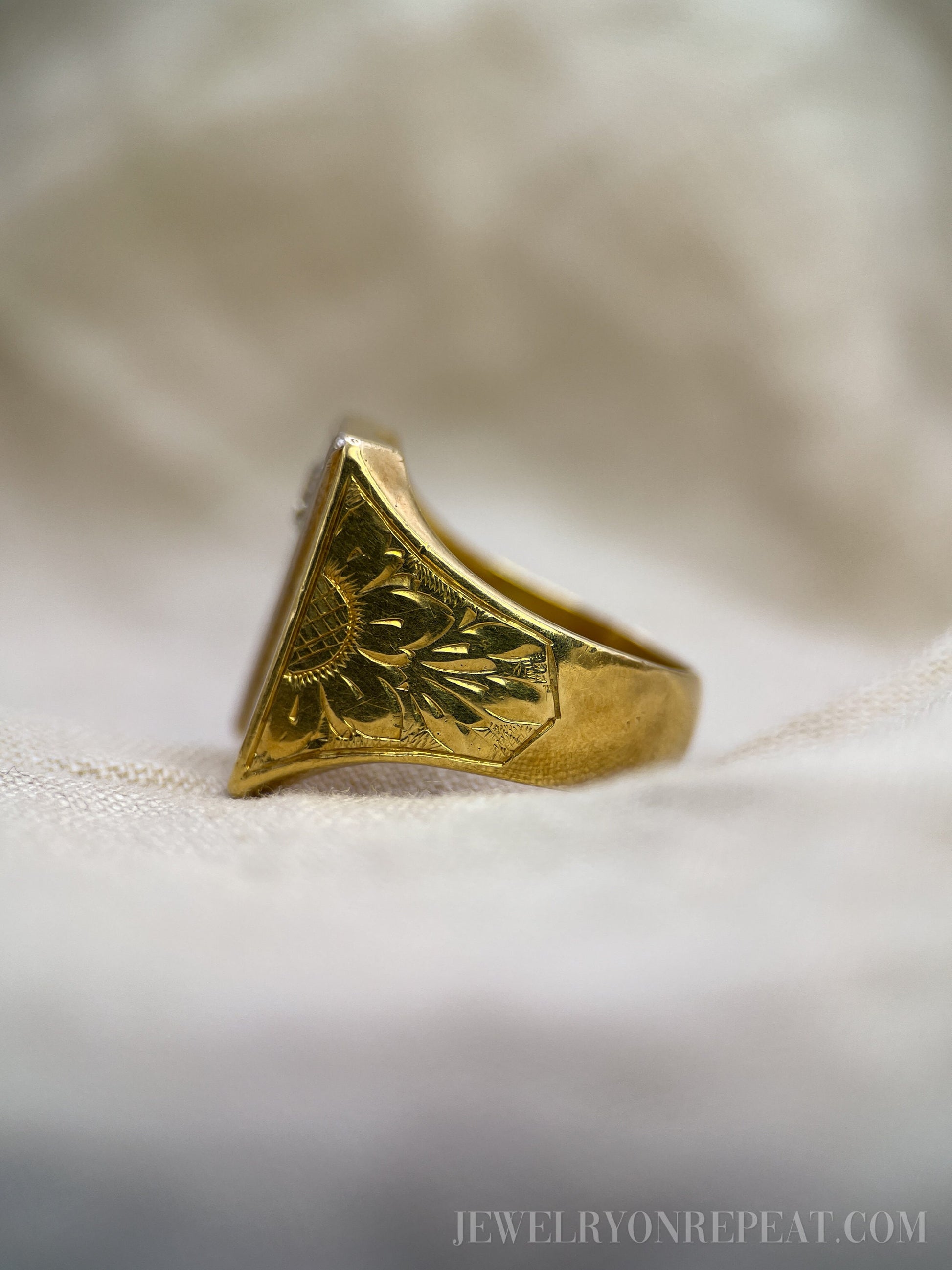 Vintage 1970s Filigree "T" Diamond Signet Ring in 18k Gold