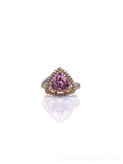 Vintage Rhodolite Garnet and Diamond Halo Engagement Ring, 14k Gold Trillion Bridal Ring