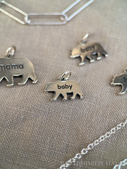 Sterling Silver Mama & Baby Bear Charm Pendants, Mothers Themed Minimalist Jewelry, Gift for Her